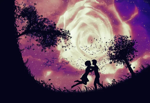 Couple silhouette and rose in the sky — Stock Photo, Image