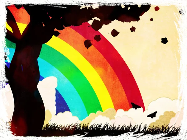 Grunge tree silhouette and rainbow — Stock Photo, Image