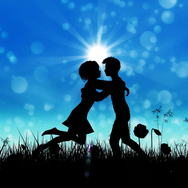 Couple silhouette on grass field — Stock Photo, Image