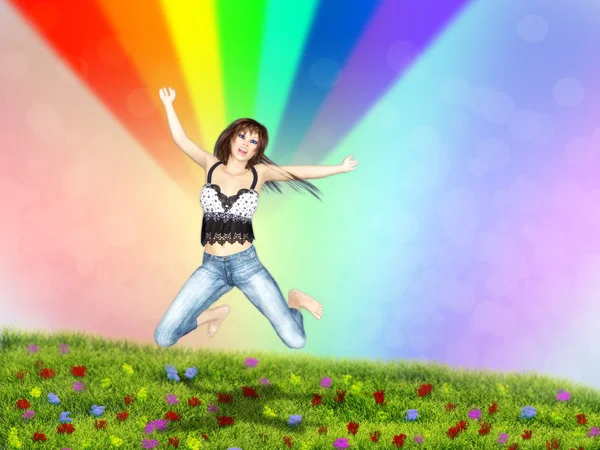 Chica saltar en un campo de hierba con arco iris — Foto de Stock