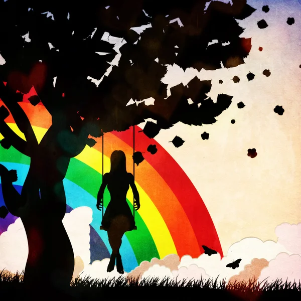 Grunge girl on swing and rainbow — Stock Photo, Image