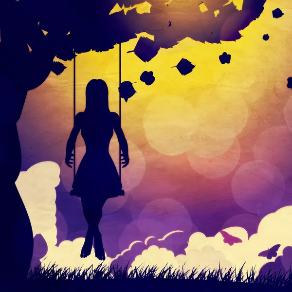 Grunge lány swing silhouette éjjel — Stock Fotó