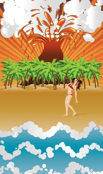 Cartoon volcano island and girl — Stock Vector