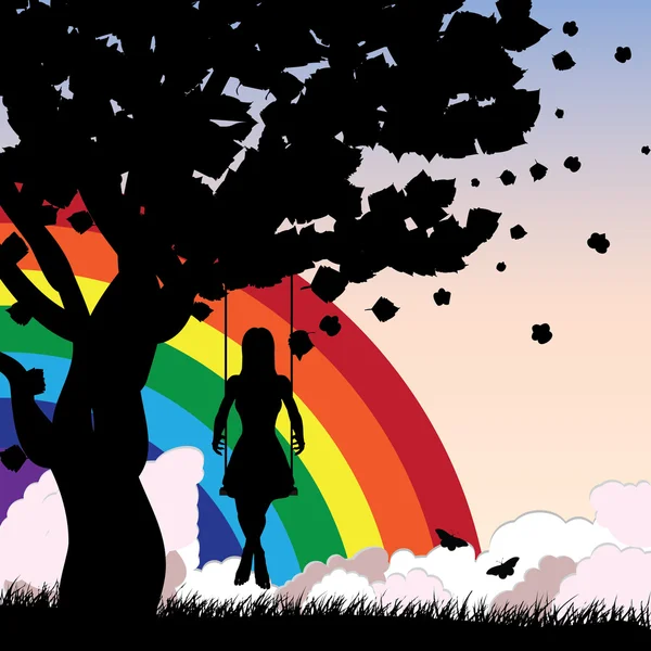 Girl on swing and rainbow — Stock Vector