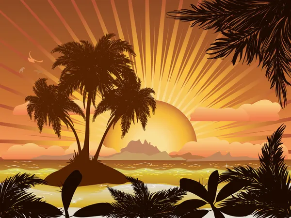 Isla tropical puesta de sol — Vector de stock