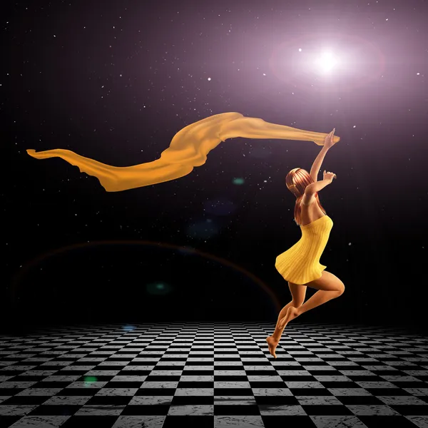 Girl jumping on checkered floor — Stock Photo, Image