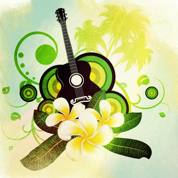 Grunge plumeria flowers and guitar — Stock Photo, Image