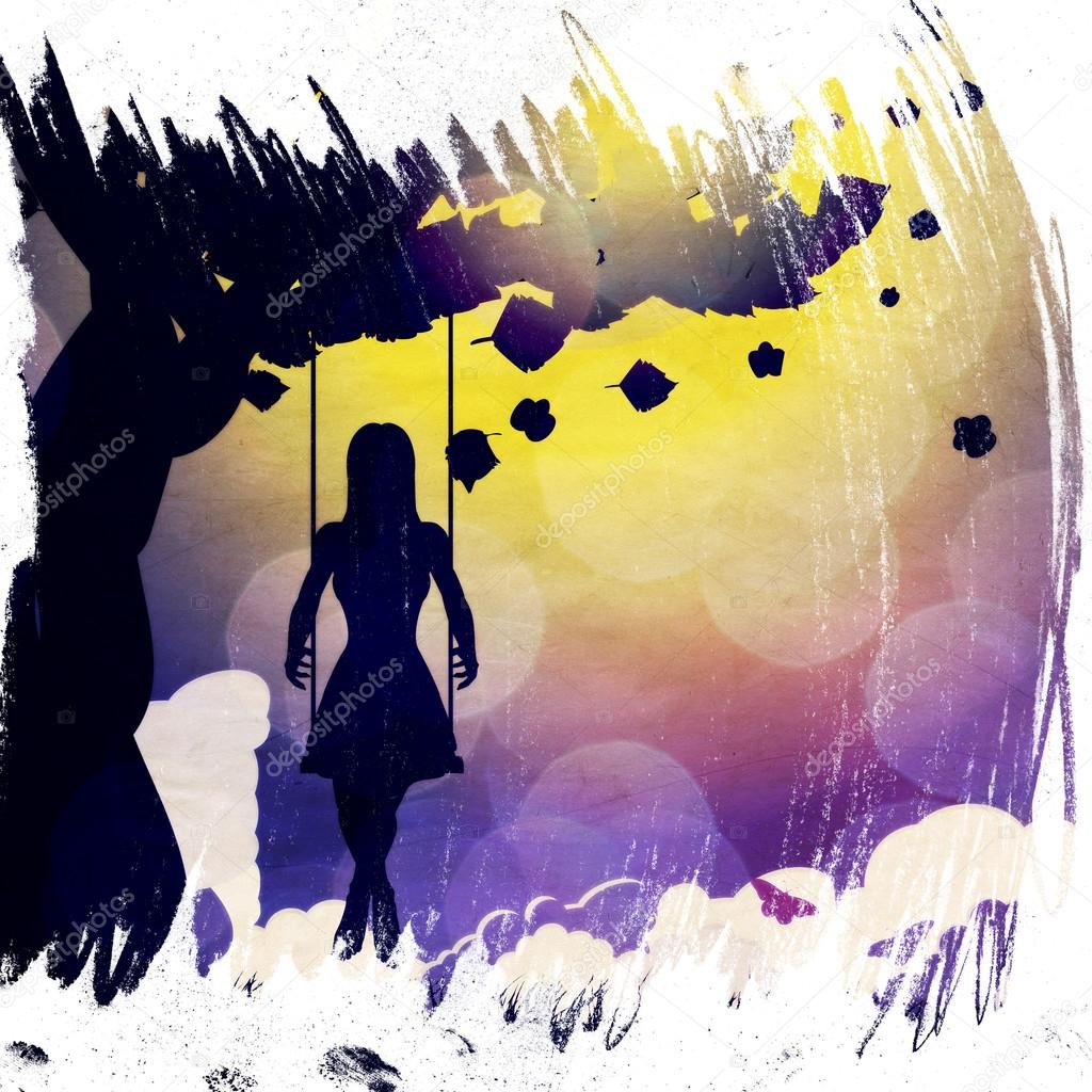 Grunge girl on swing silhouette at night