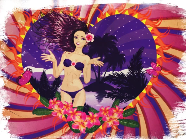 Grunge island girl in violet bikini — Stock Photo, Image