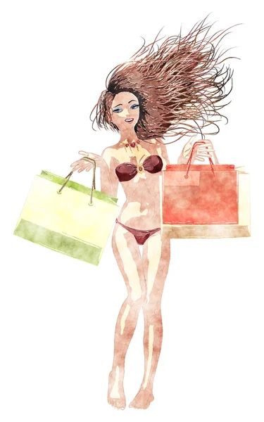 Watercolor shopping bikini girl — Stock Photo, Image