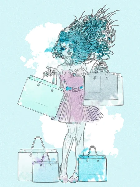 Watercolor shopping girl — Stock Photo, Image