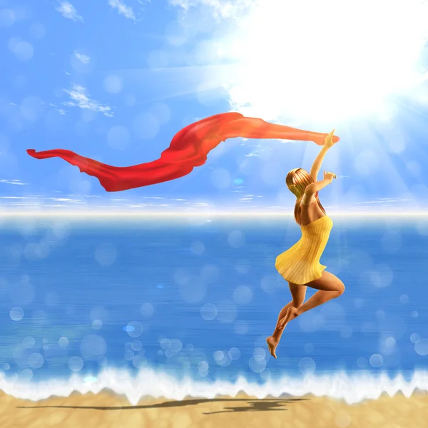 Woman jumping with scarf on beach — Stock Photo, Image