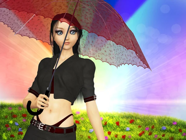 Girl with umbrella on grass field — Stock Photo, Image