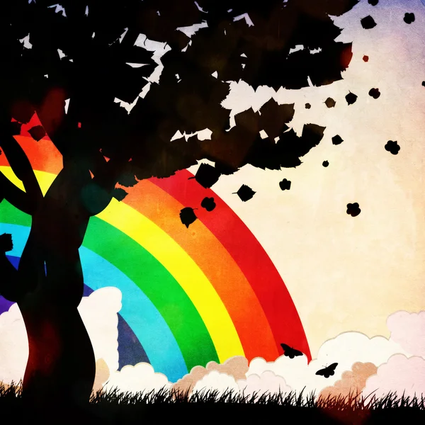 Silueta de árbol grunge y arco iris — Foto de Stock