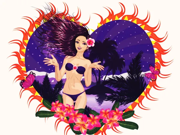 Grunge-Insel-Mädchen im violetten Bikini — Stockfoto