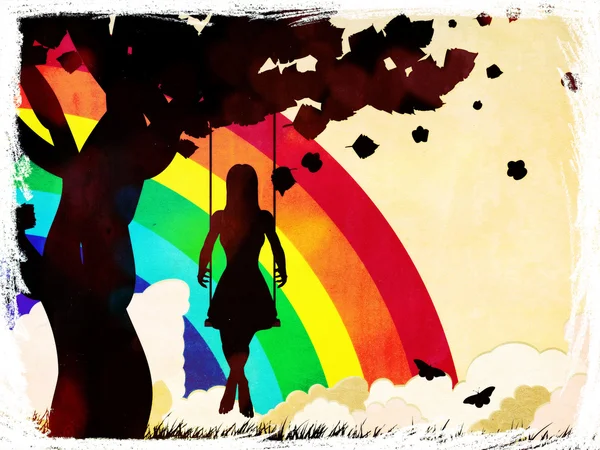 Grunge flicka på swing och regnbåge — Stockfoto