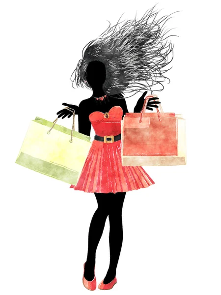 Aquarell Shopping Mädchen Silhouette — Stockfoto