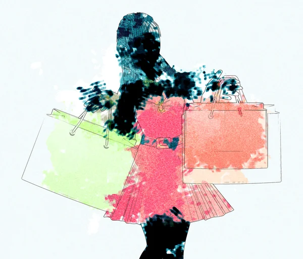 Watercolor shopping girl silhouette — Stock Photo, Image