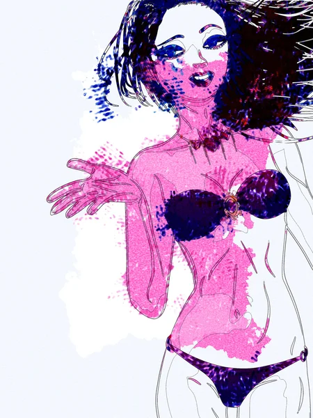 Akvarell bikini girl — Stockfoto