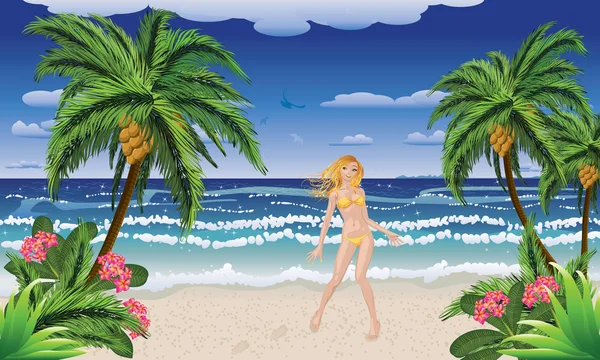 Femme blonde sur la plage — Image vectorielle