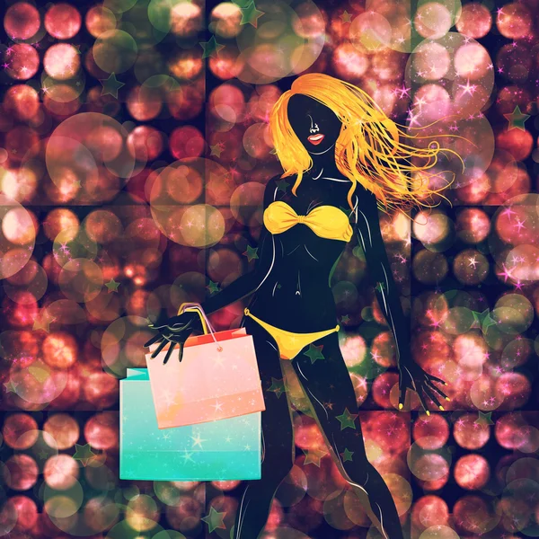 Compras menina biquíni amarelo — Fotografia de Stock