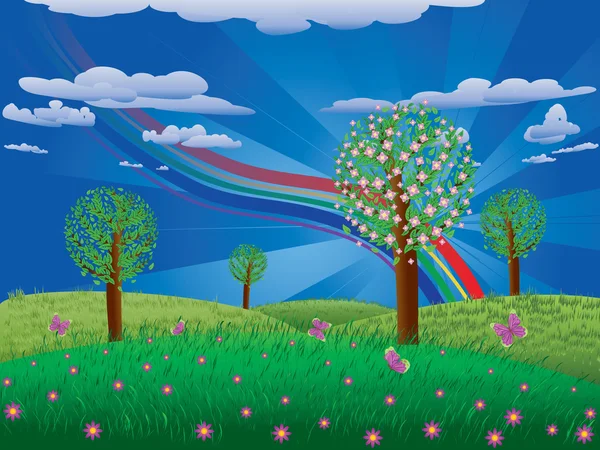 Kvetoucí strom na travnaté hřiště — Stockový vektor