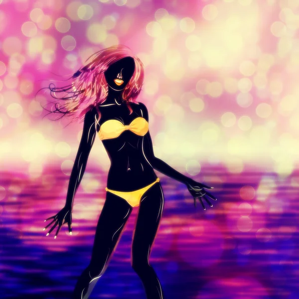 Silhouette fille bikini jaune — Photo