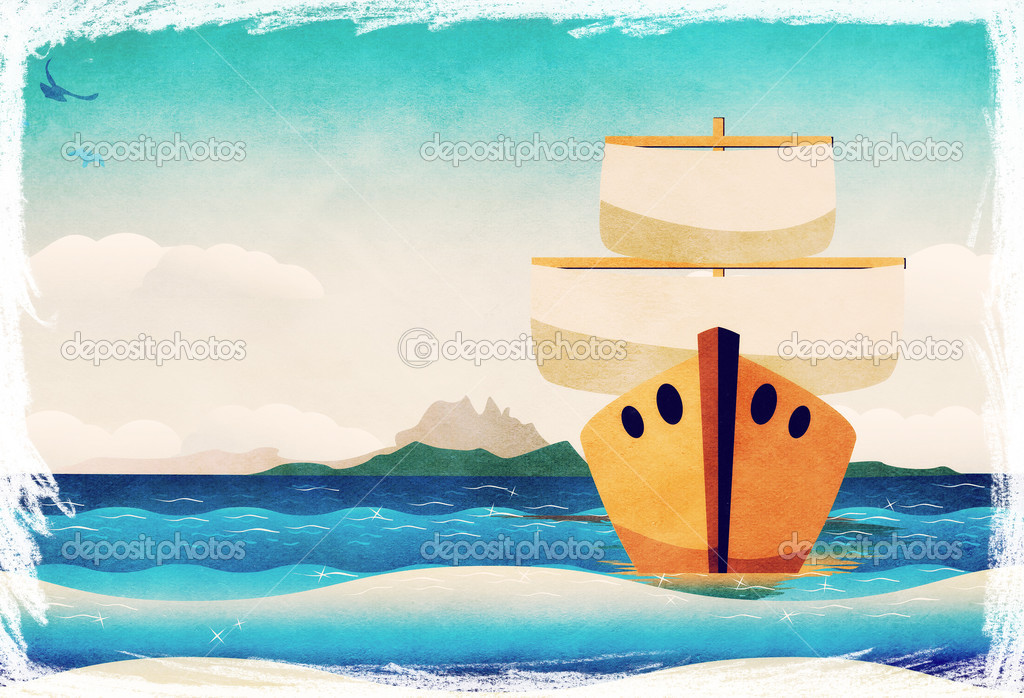 Cartoon boat in the sea