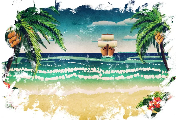 Мультфильм лодка и пляж — стоковое фото