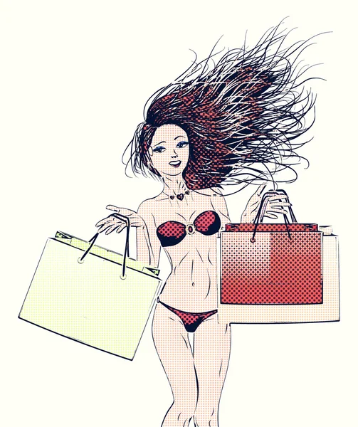 Halftone shopping bikini girl — Stock Photo, Image