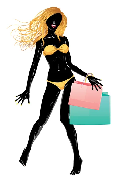 Silhouette di shopping ragazza bionda in bikini — Vettoriale Stock