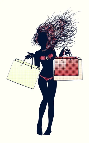 Halftone winkelen bikini girl silhouet — Stockfoto