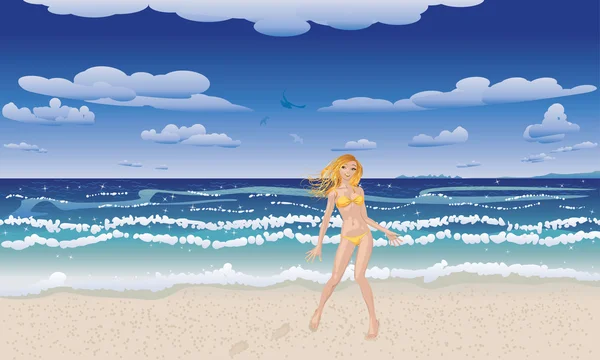 Chica bikini amarillo en la playa — Vector de stock