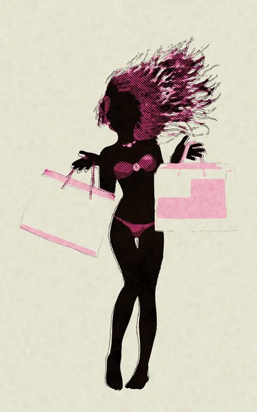 Halftone shopping bikini girl silhouette — Stock Photo, Image