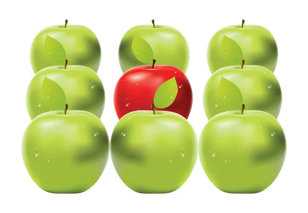 Κόκκινο μήλο μεταξύ πράσινα μήλα — Διανυσματικό Αρχείο