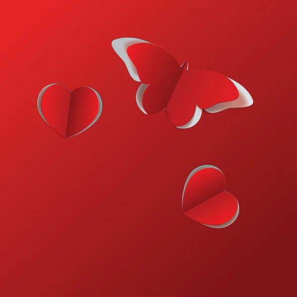 Mariposa de papel rojo y corazones — Vector de stock