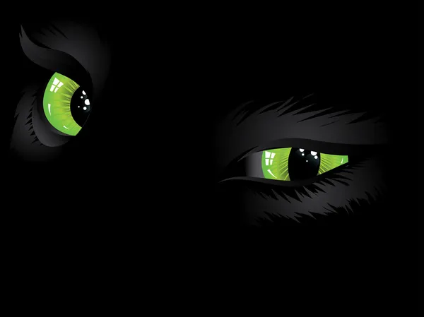 Ojos de gato verde en la oscuridad — Vector de stock