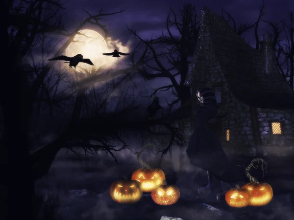 Witch met pumpkins — Stockfoto