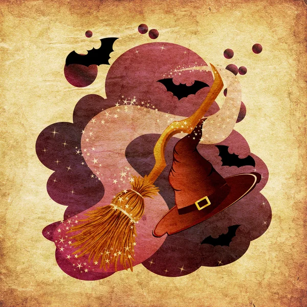Метла и шляпа ведьмы — стоковое фото