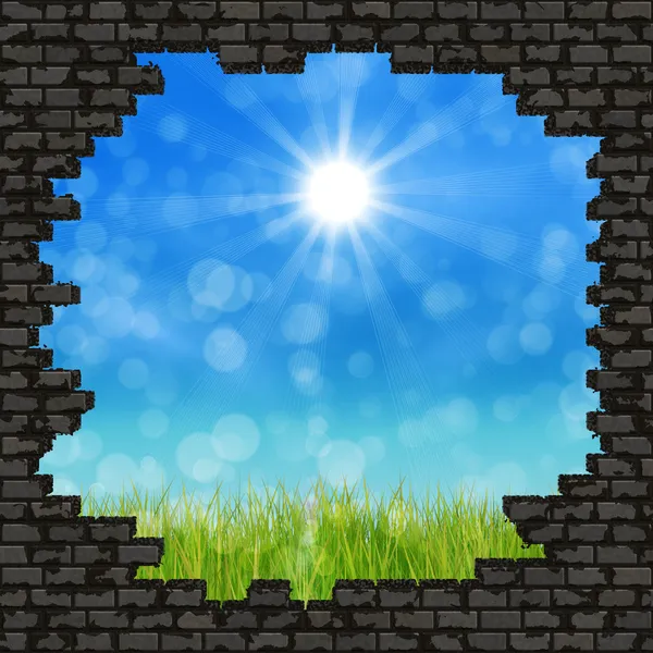 Broken brick wall and grass field — Stock Photo, Image