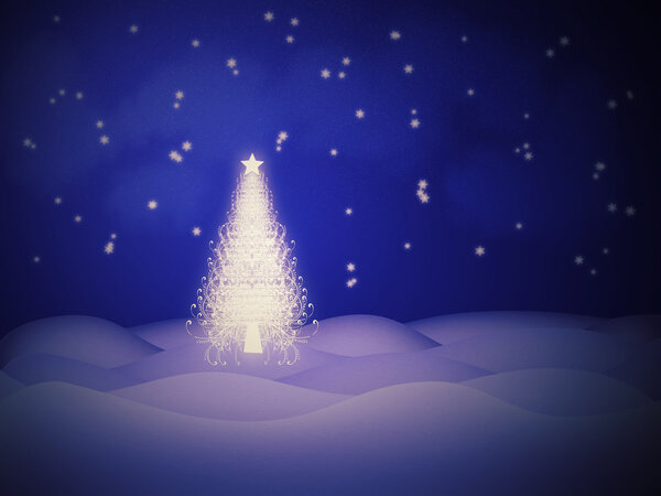 Abstract glowing Christmas tree on winter background.