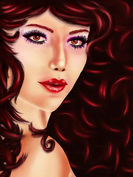 Vrouw met krullend rood haar — Stockfoto