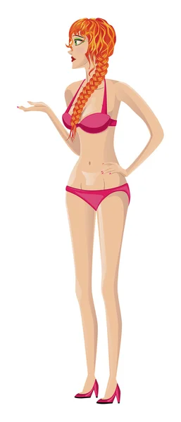 Red haired meisje in roze bikini — Stockvector