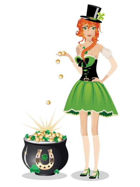 Leprechaun girl with pot of gold — Stock Vector