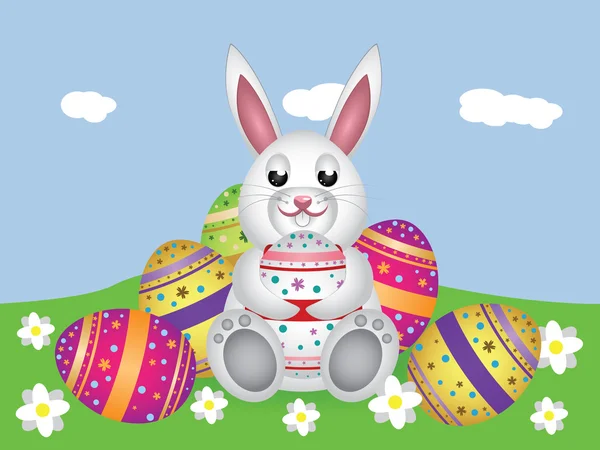 White bunny with Easter eggs — Stock Vector