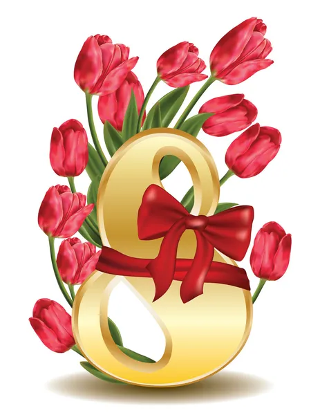 8 de marzo tarjeta de felicitaciones con tulipanes — Vector de stock