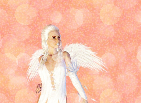 Pink fantasy bokeh background with 3d angel woman.