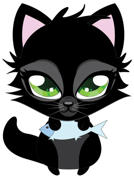 Cute czarny kot i ryba — Wektor stockowy