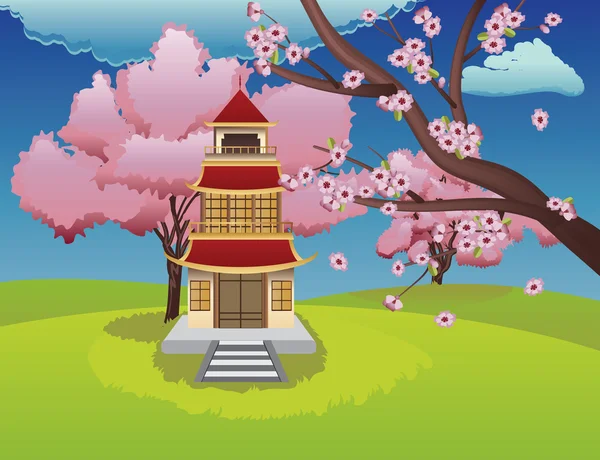 Casa Oriental e florescendo Sakura — Vetor de Stock