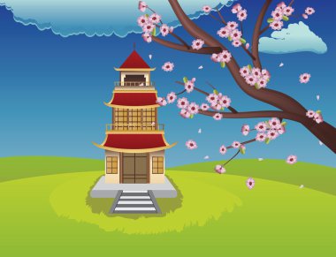 oryantal evi ve çiçek açan sakura